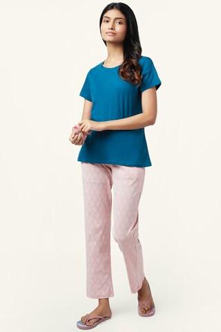teal solid casual half sleeves round neck women regular fit top