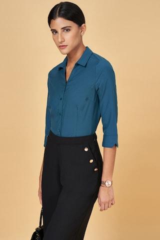 teal solid formal 3/4th sleeves regular collar women regular fit  shirt