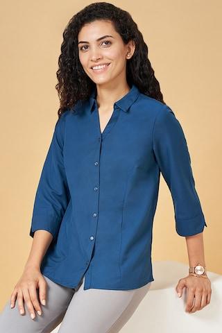 teal solid formal 3/4th sleeves regular collar women regular fit shirt