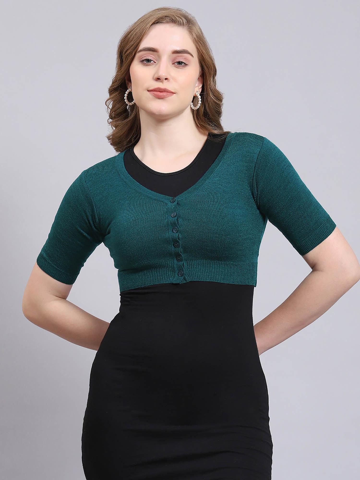 teal solid half sleeves v-neck cardigan