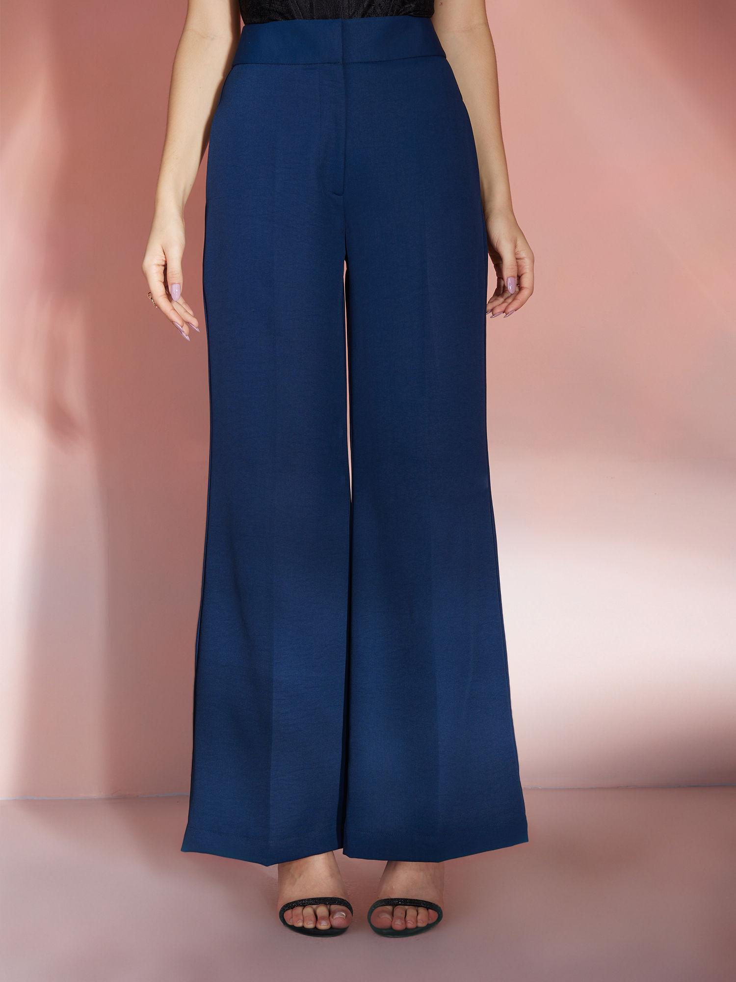 teal solid high waist wide leg trousers
