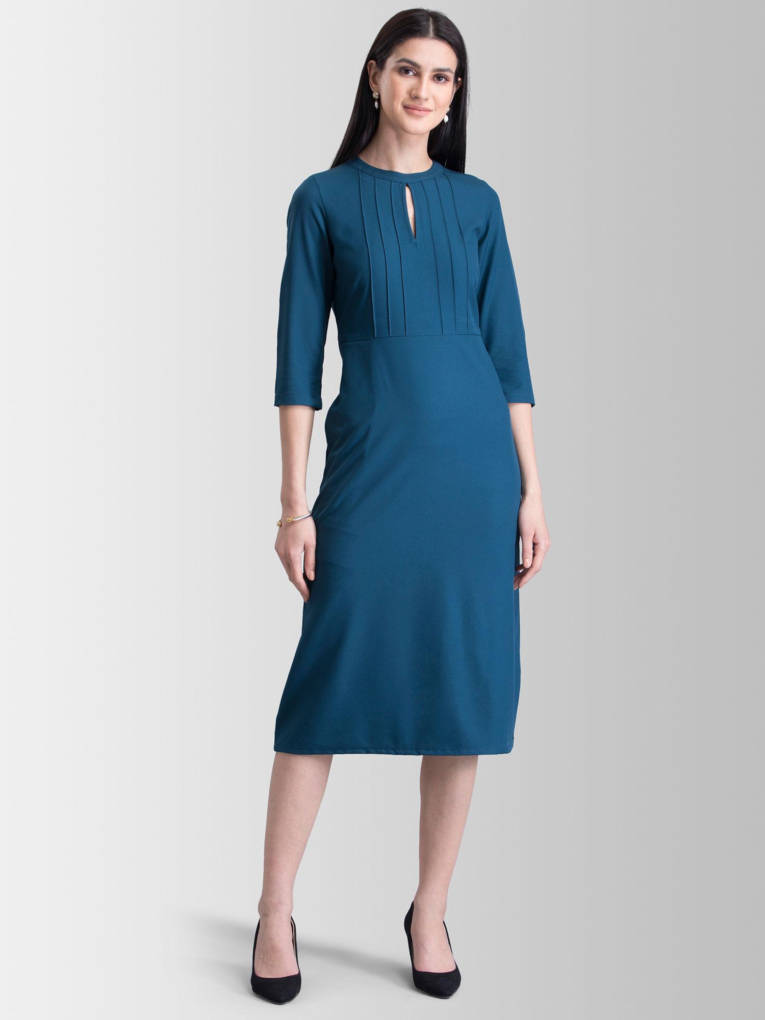 teal solid midi dress