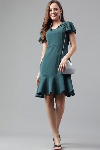 teal solid thigh-length party women a line fit dress