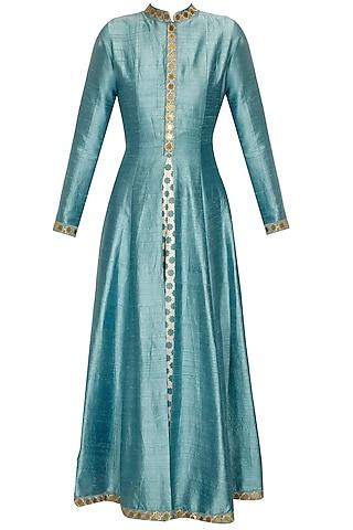 teal star embroidered jacket kurta with beige inner gown