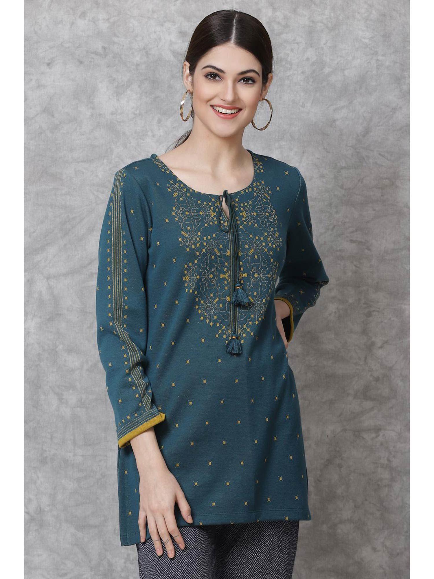 teal straight poly metallic short kurtis