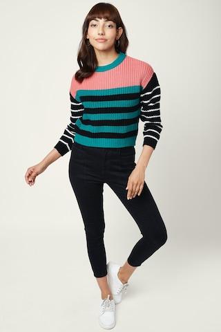 teal stripe casual full sleeves round neck women regular fit sweater