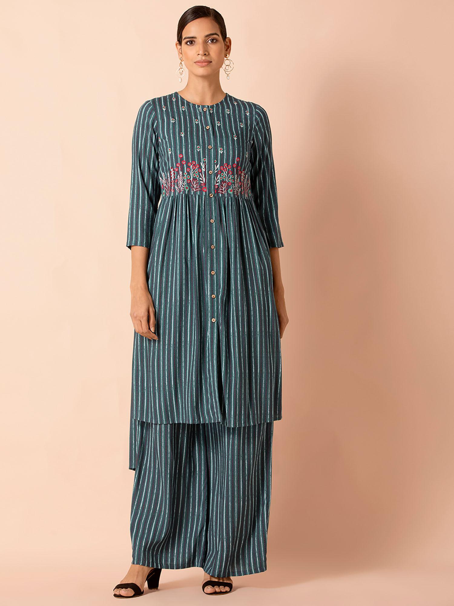 teal striped embroidered high low tunic