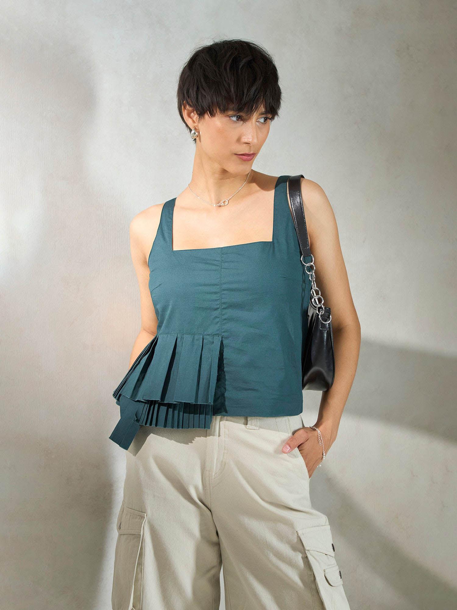 teal sultry cotton pleated top