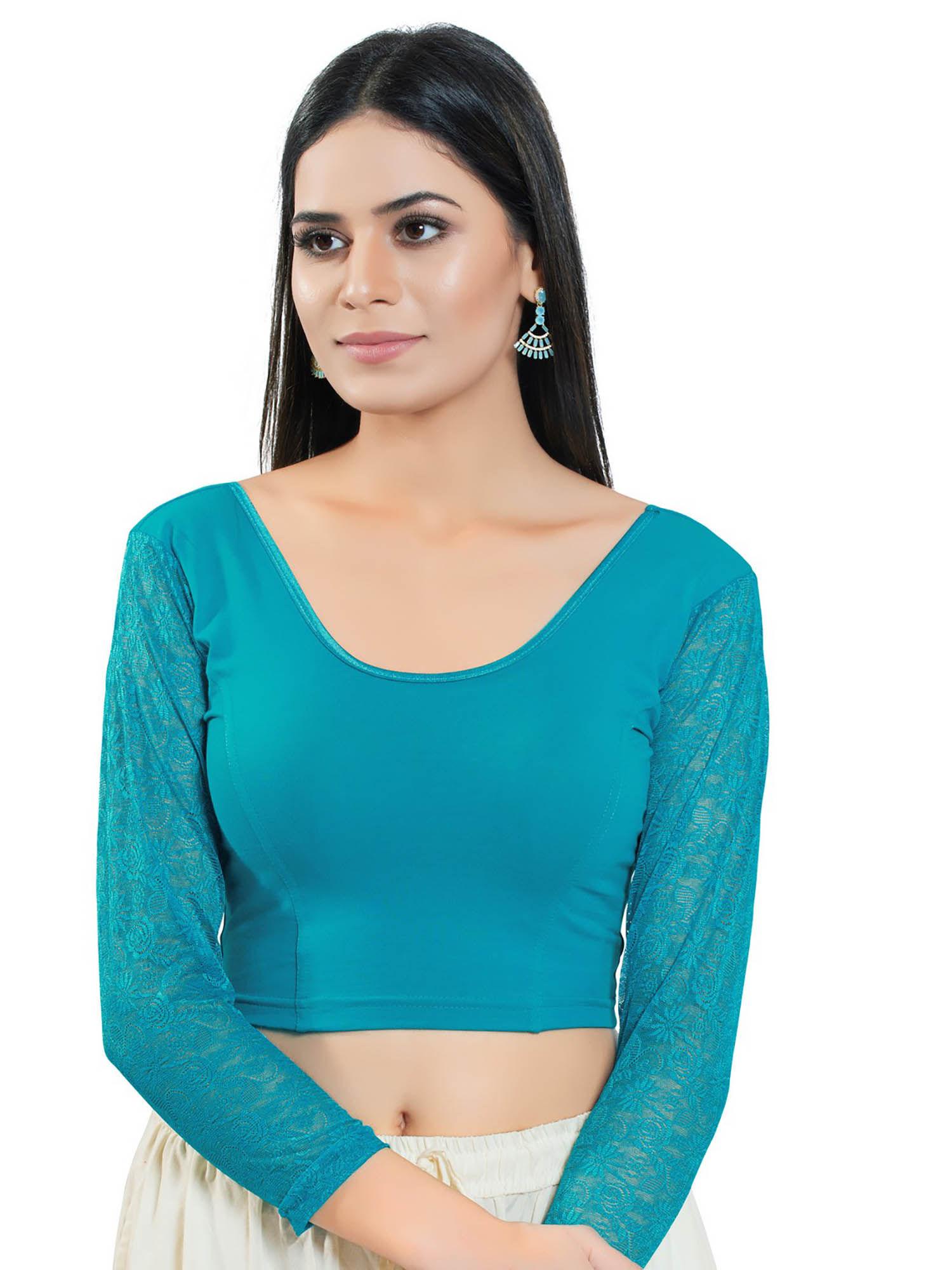 teal three fourth sleeves solid stretchable blouse