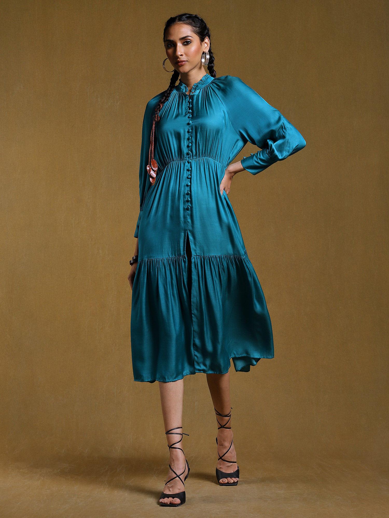 teal tiered satin dress