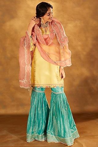 teal tissue glass bead embroidered gharara set