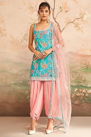 teal upada silk floral printed & thread embroidered kurta set