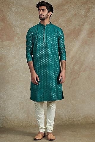 teal uppada silk embroidered kurta set