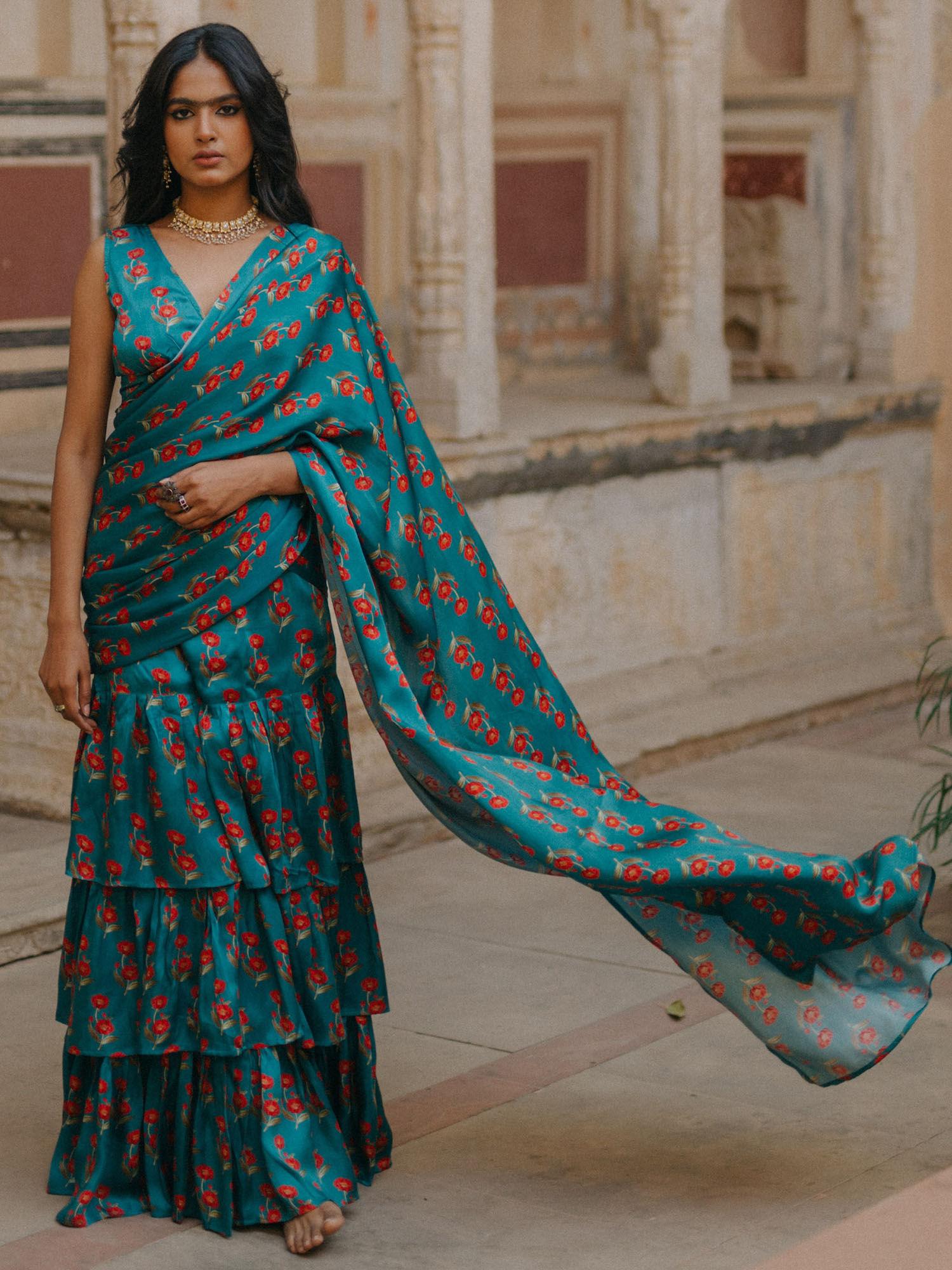 teal vegan satin draped saree with stitched blouse