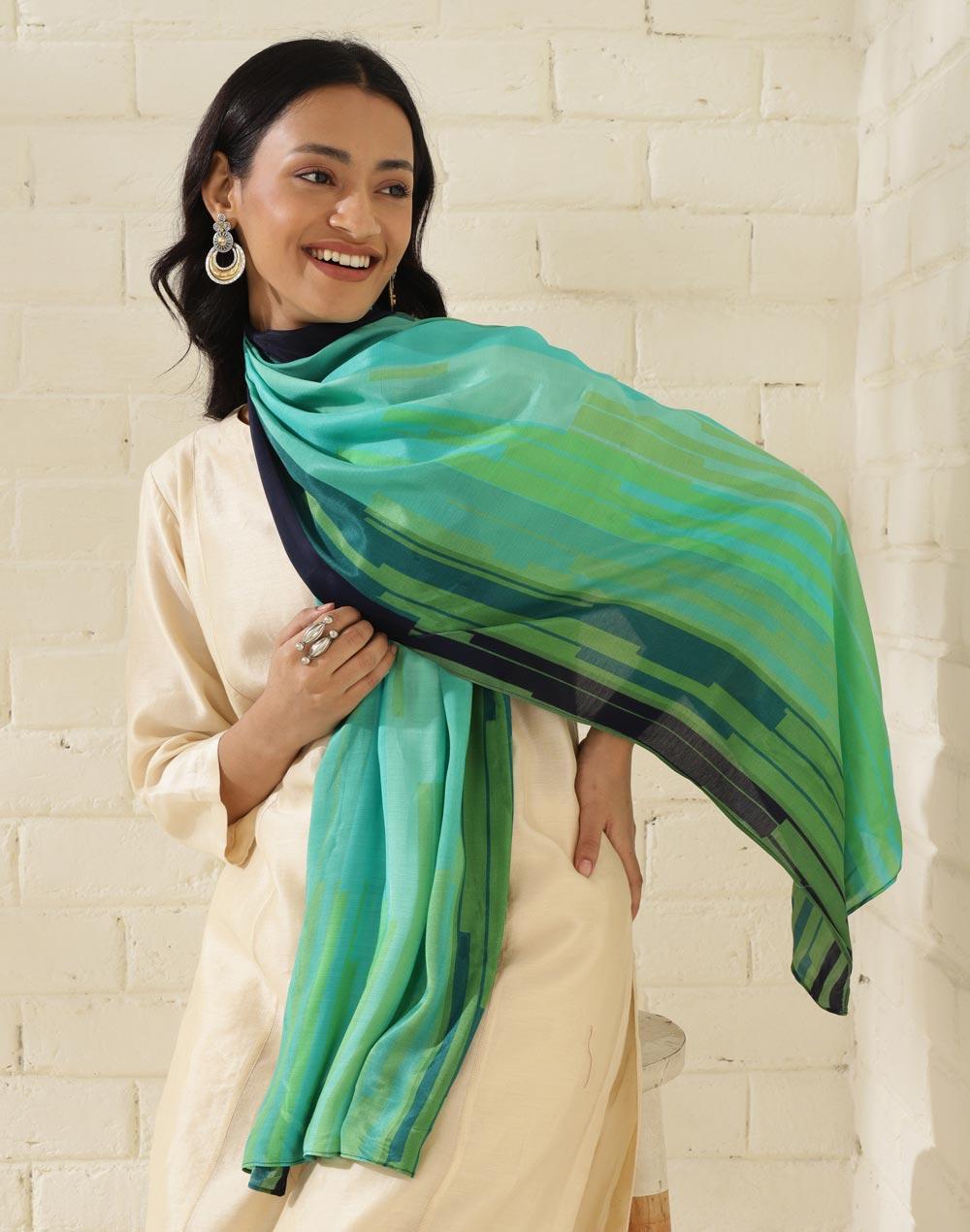 teal viscose blend printed stole