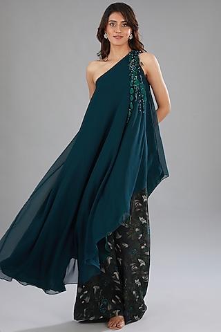 teal viscose polyester off-shoulder embroidered tunic set