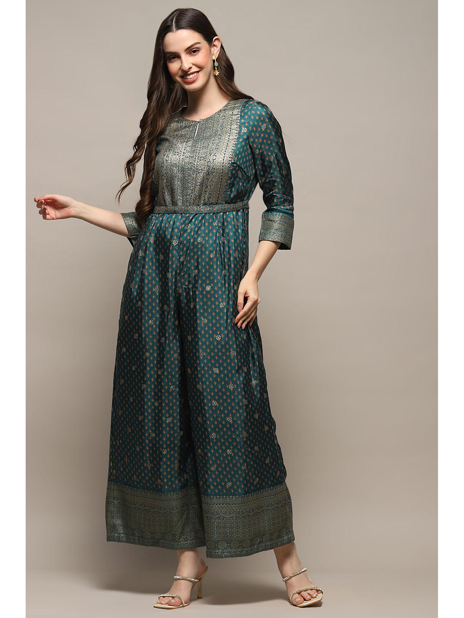 teal viscose printed wide leg jumpsuit