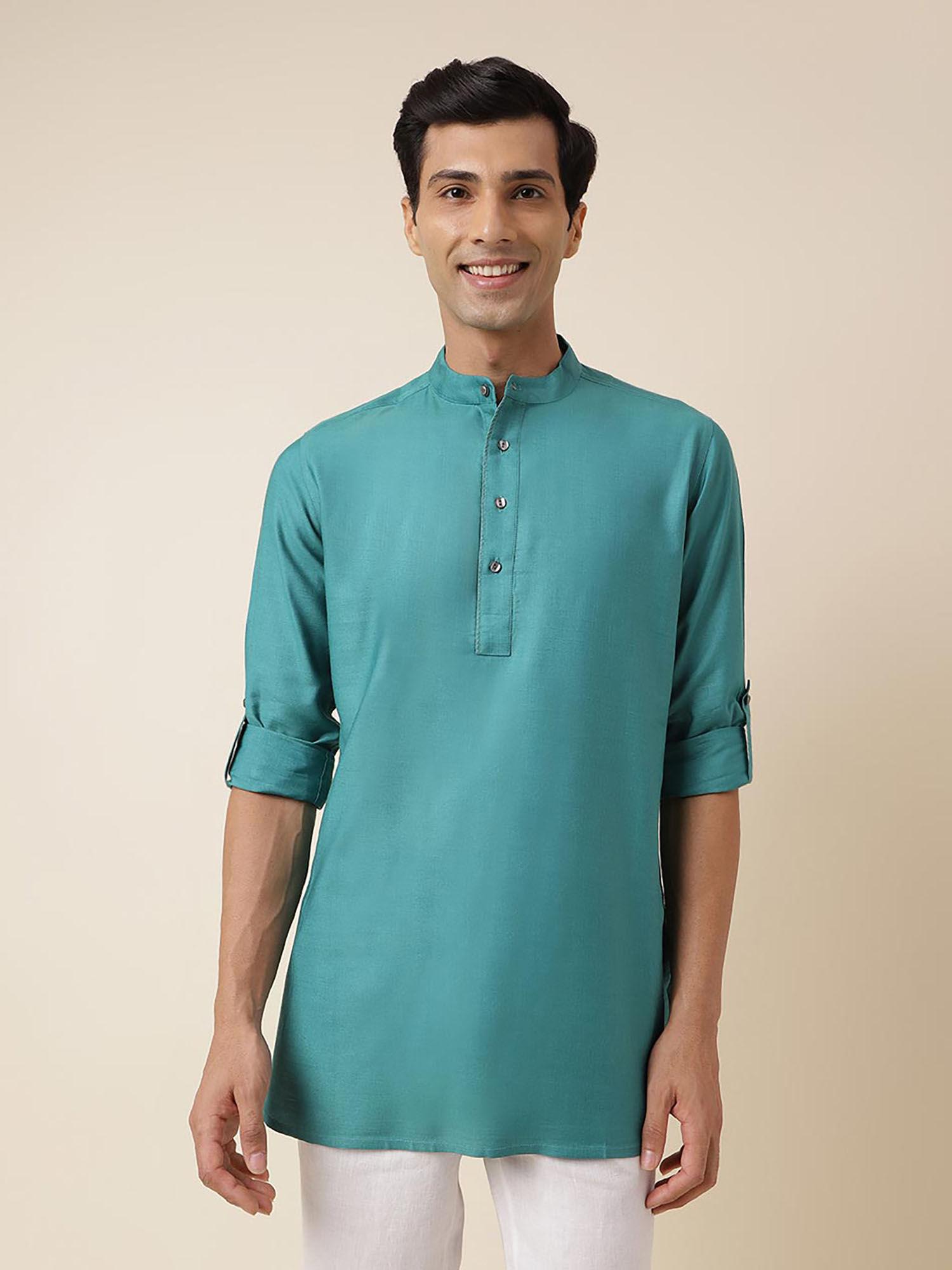 teal viscose silk hand woven short kurta