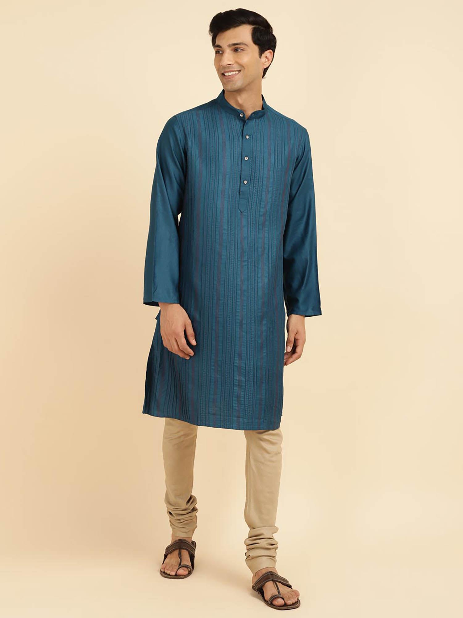 teal viscose silk pintucks long kurta