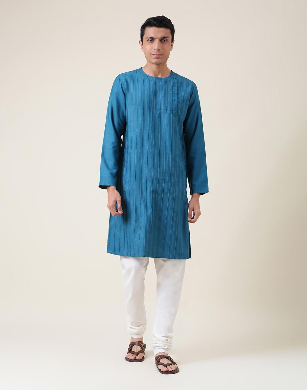 teal viscose silk pintucks long kurta