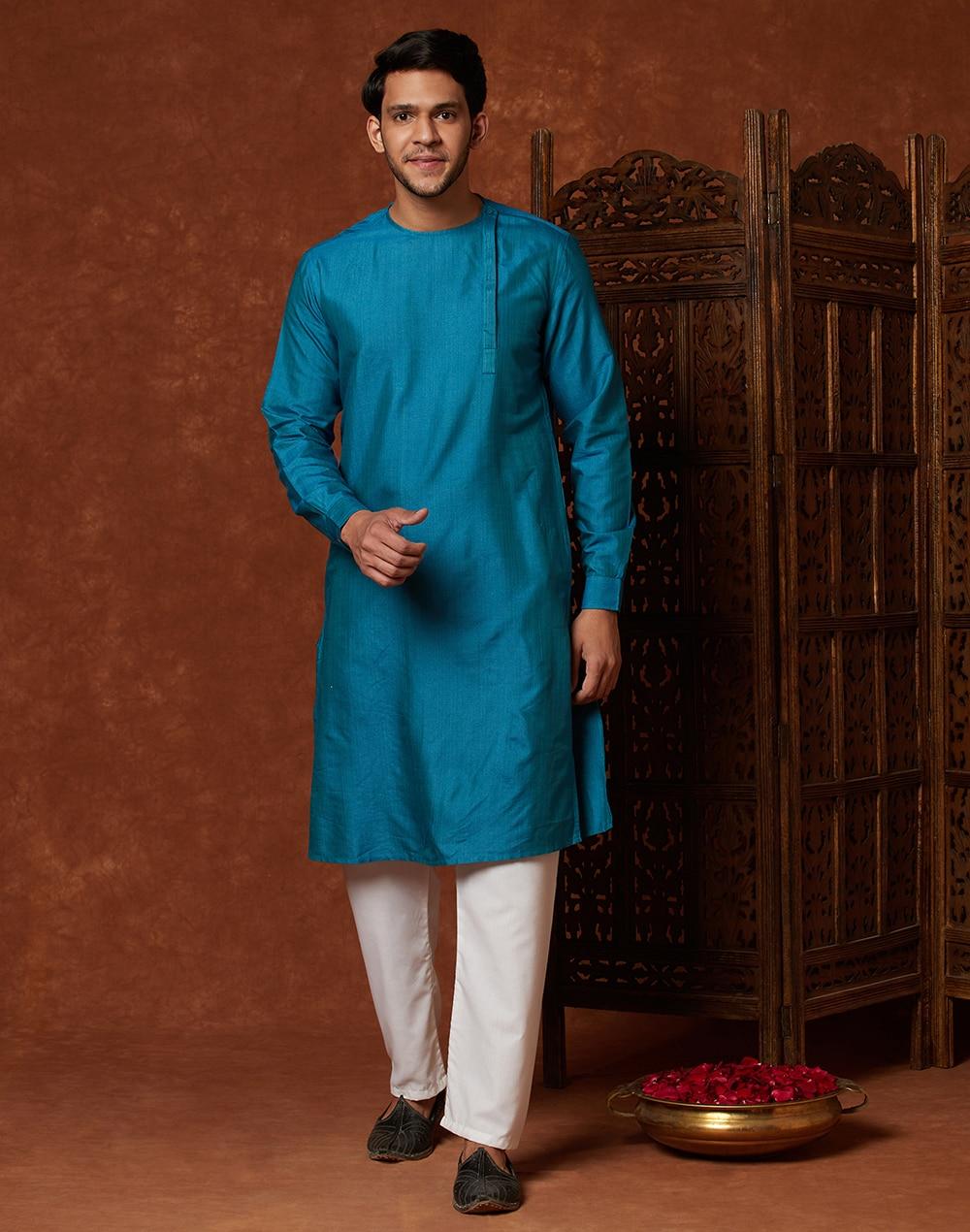 teal viscose silk placket detail slim fit long kurta