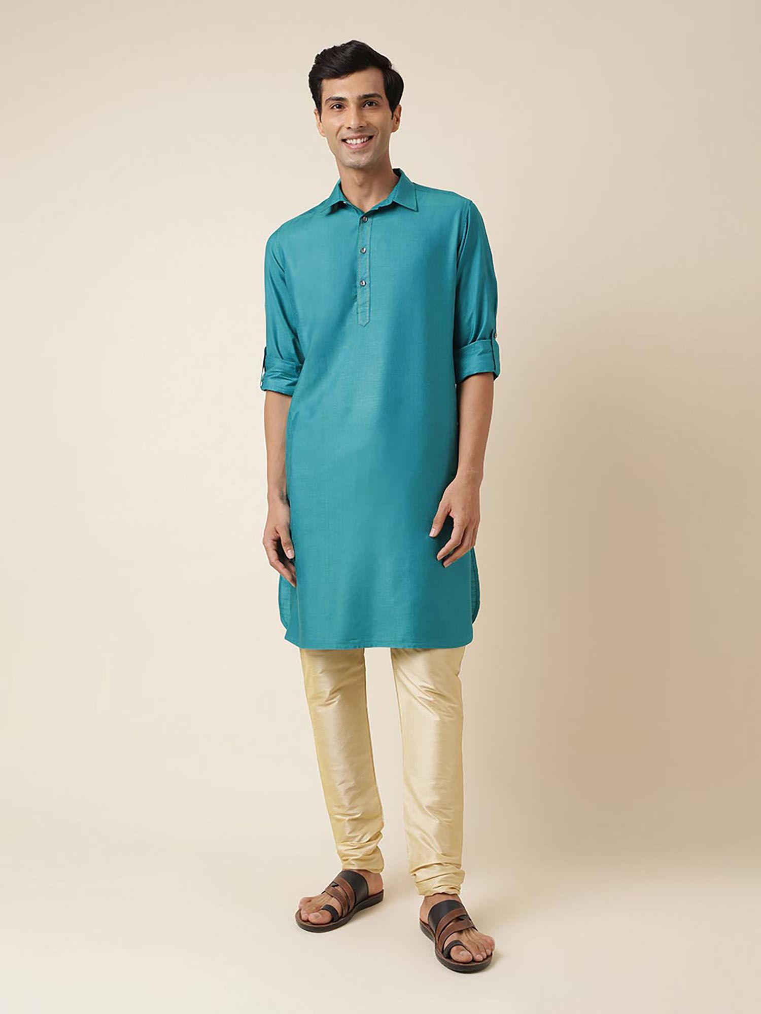 teal viscose silk regular fit pathani kurta