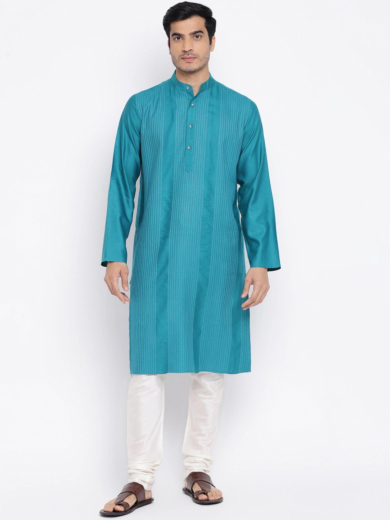 teal viscose silk slim fit embroidered long kurta