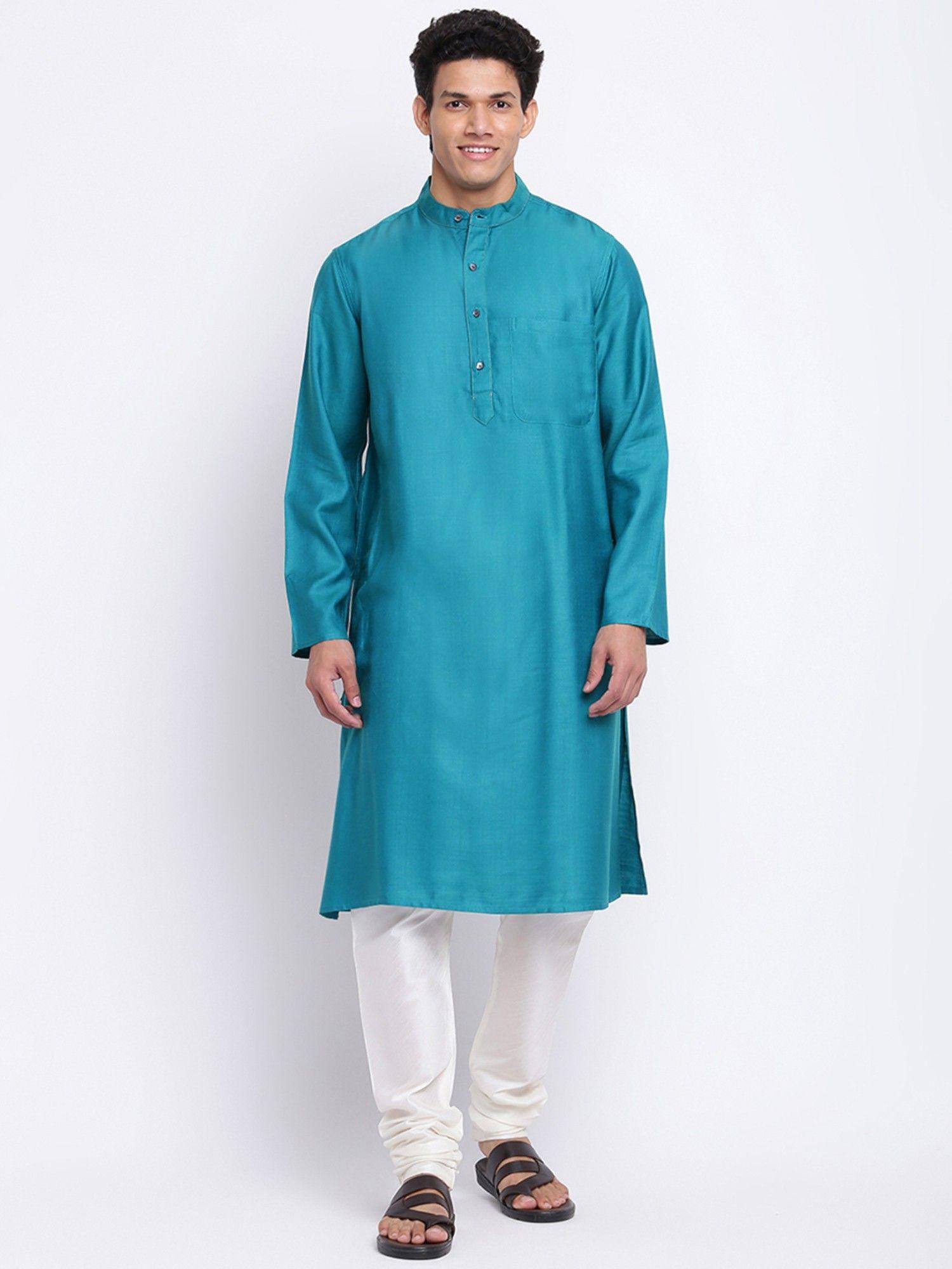 teal viscose silk woven long kurta