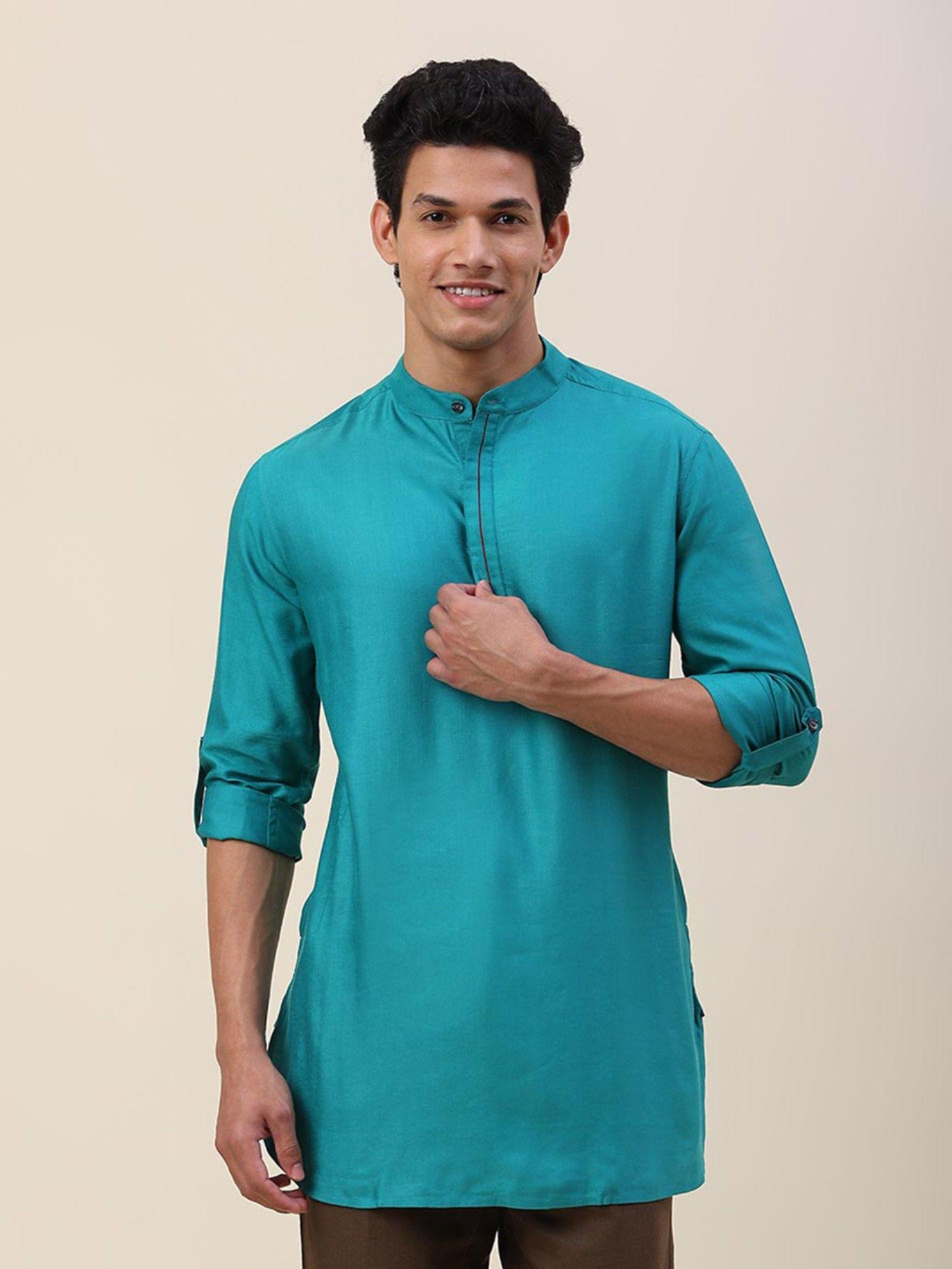 teal viscose silk woven slim fit short kurta