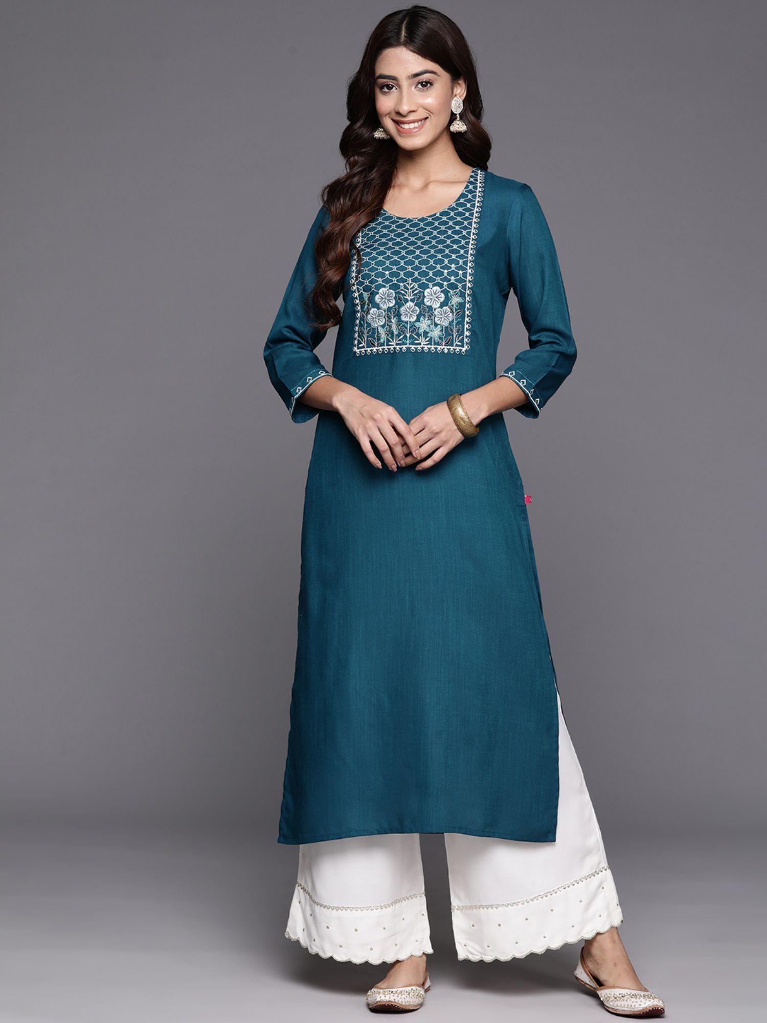 teal viscose thread work embroidered kurta