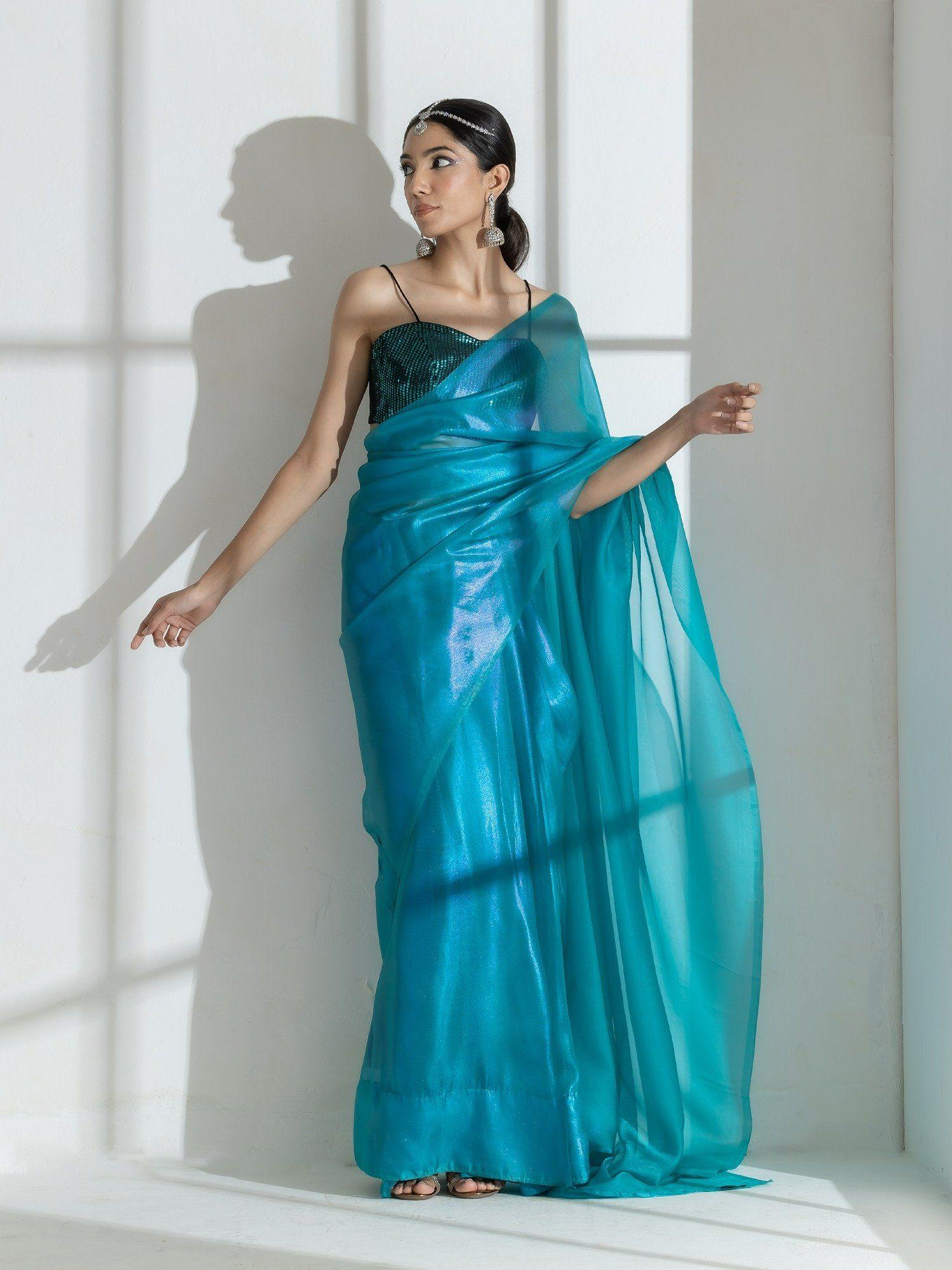 teal with pink shine organza net saree with unstitched blouse & rama sequin blouse fabric