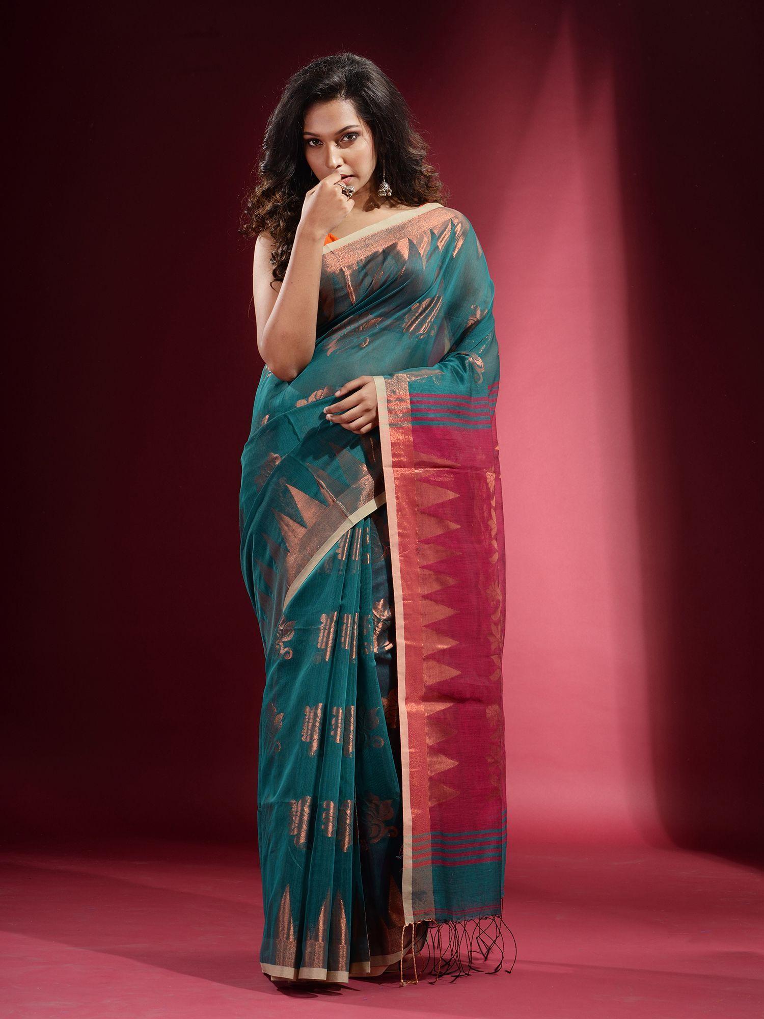 teal with zari floral design and temple border saree with unstitched blouse