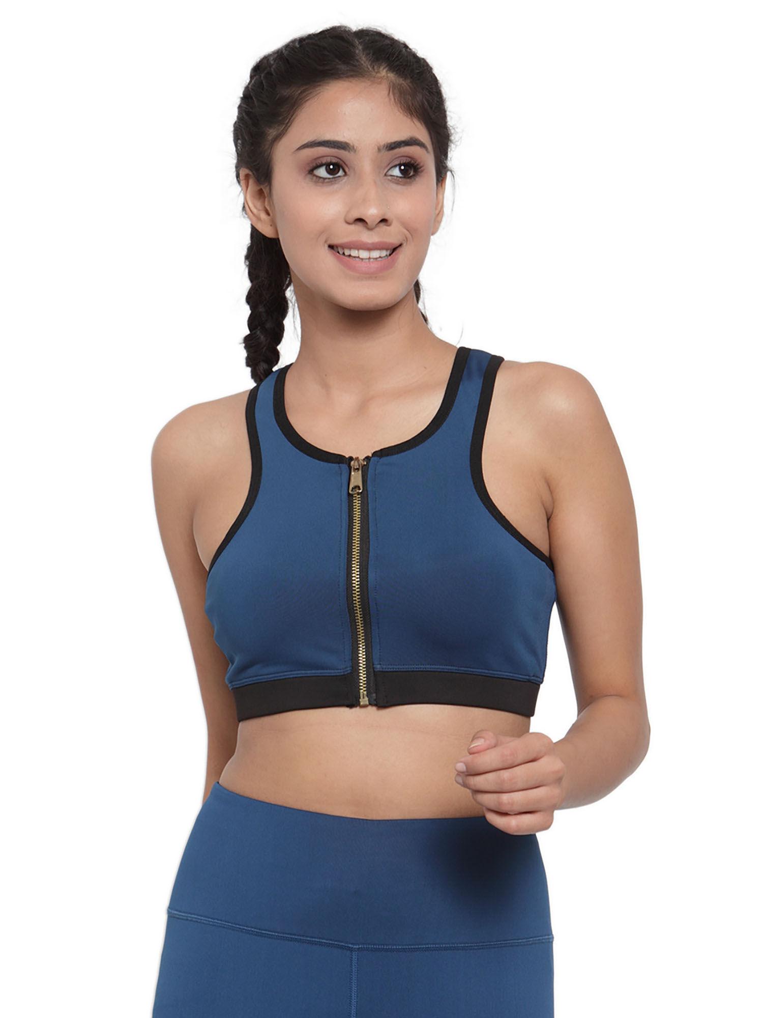 teal womens front zip sports bra