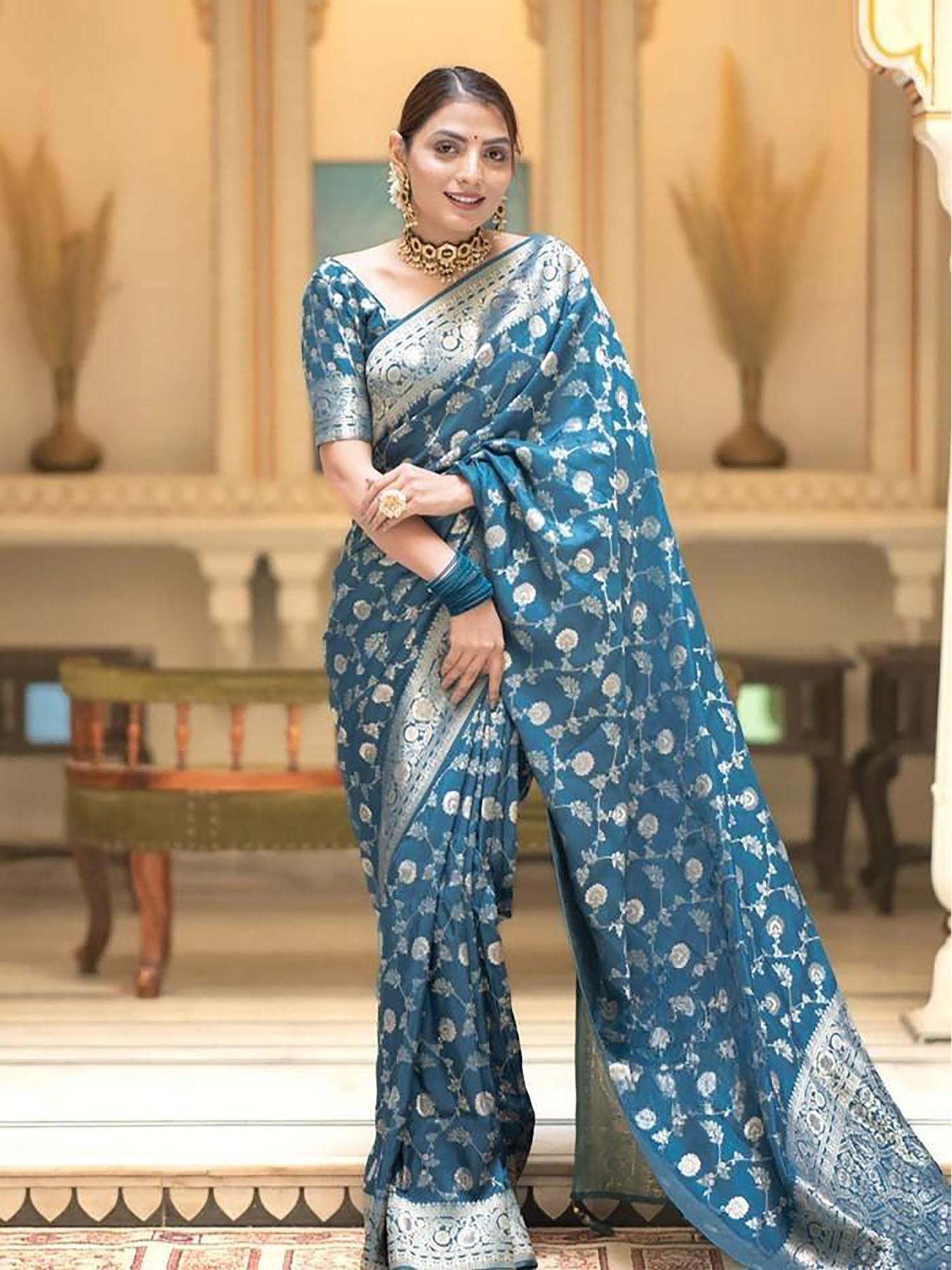 teal woven designer banarasi silk kanjivaram saree with unstitched blouse