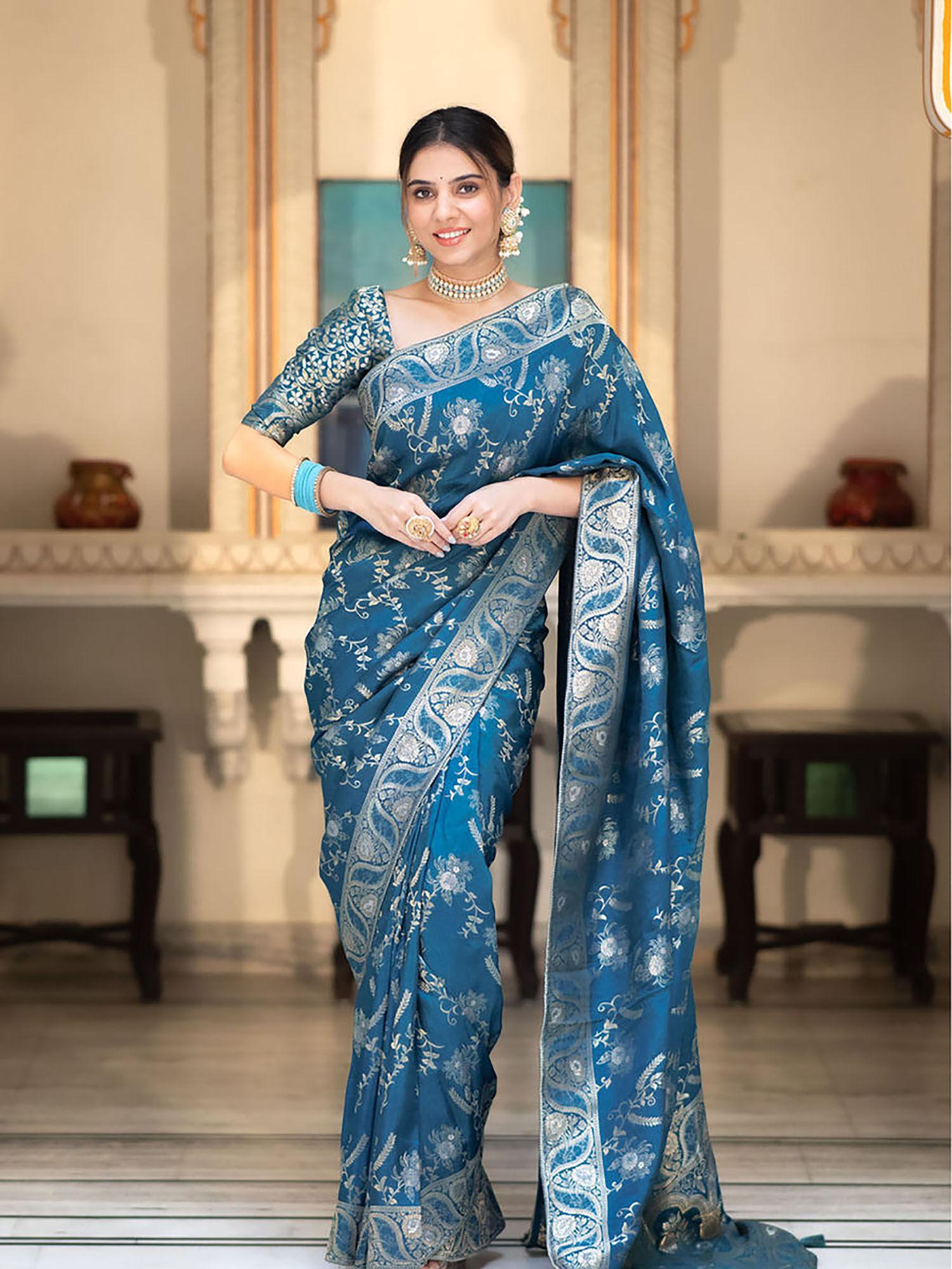 teal woven designer banarasi silk kanjivaram saree with unstitched blouse