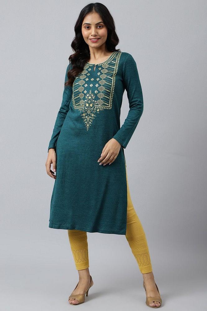 teal zari embroidered winter plus size kurta