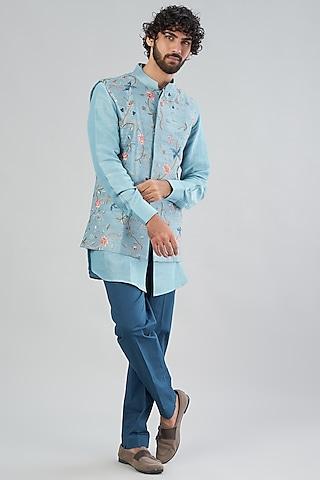 teapot blue raw silk bundi jacket