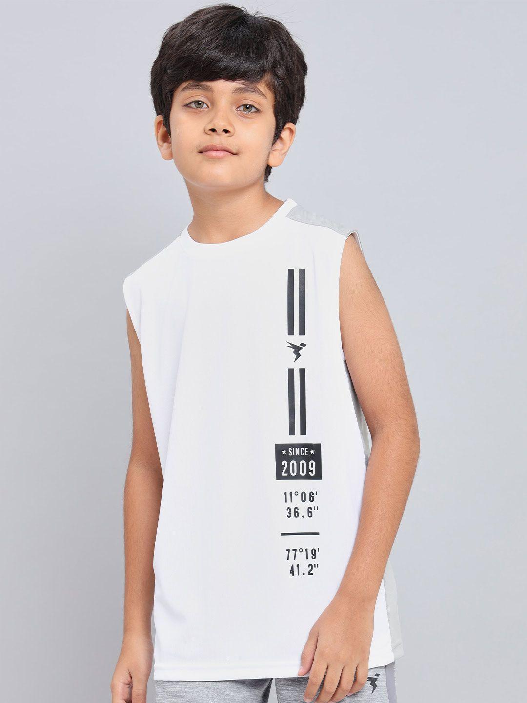 technosport boys white typography printed antimicrobial applique slim fit t-shirt