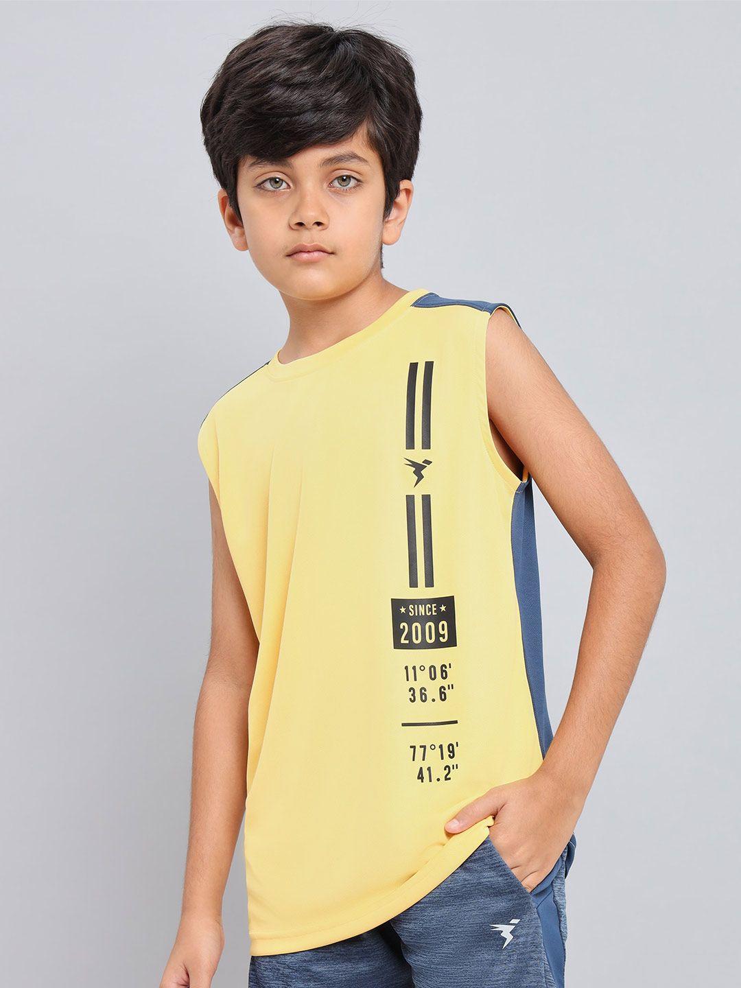 technosport boys yellow typography printed antimicrobial applique slim fit t-shirt