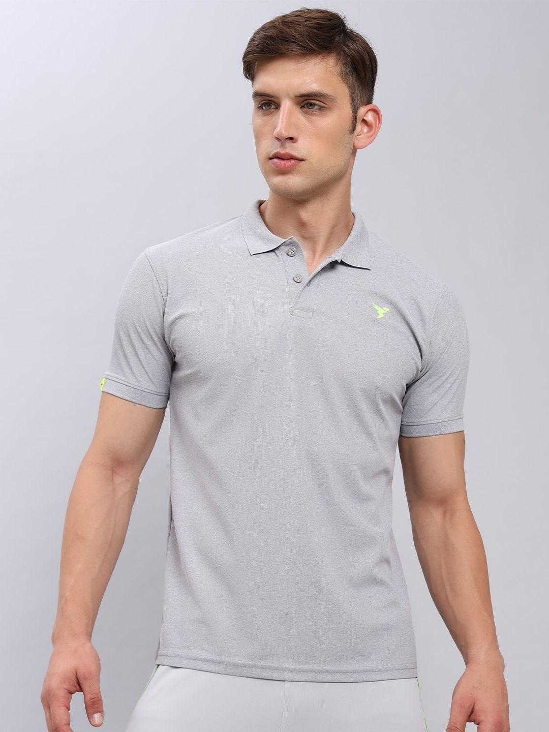 technosport men grey polo collar antimicrobial applique slim fit t-shirt