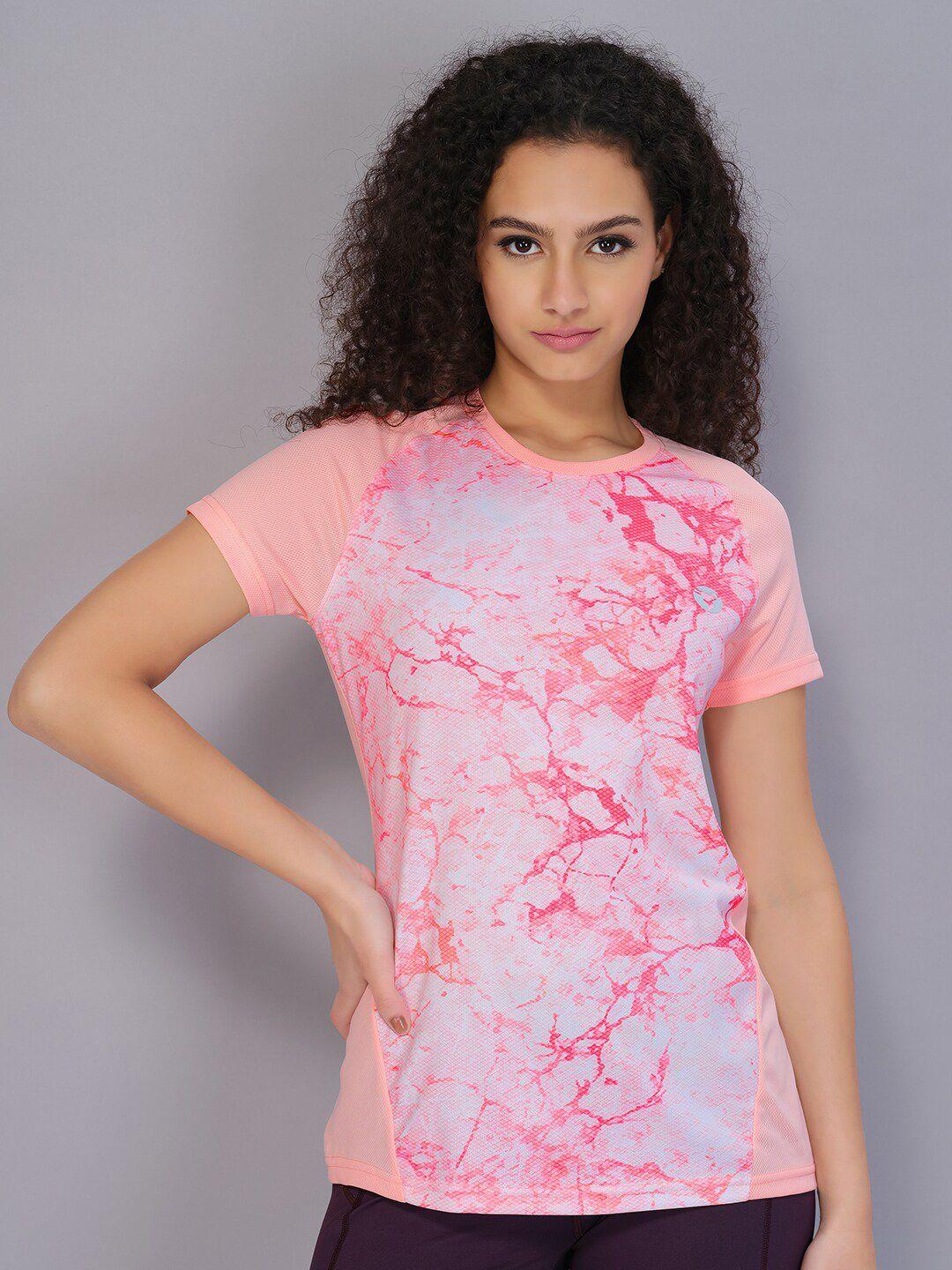 technosport women peach-coloured printed antimicrobial t-shirt