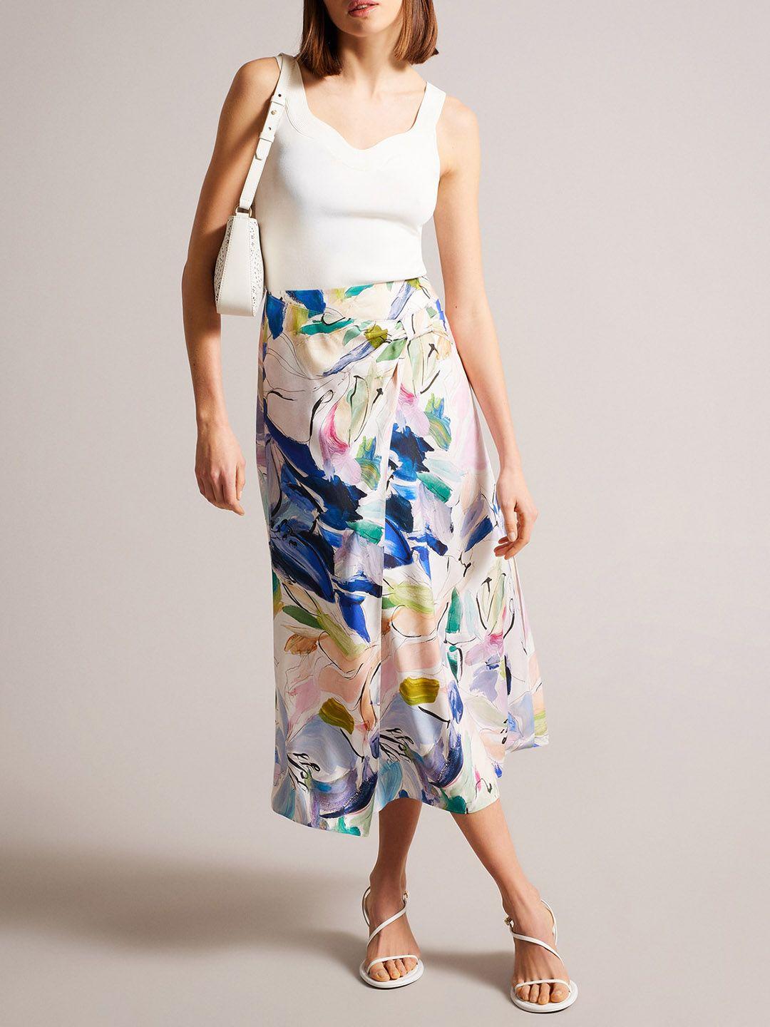 ted baker floral printed asymmetric twist slip wrap skirt