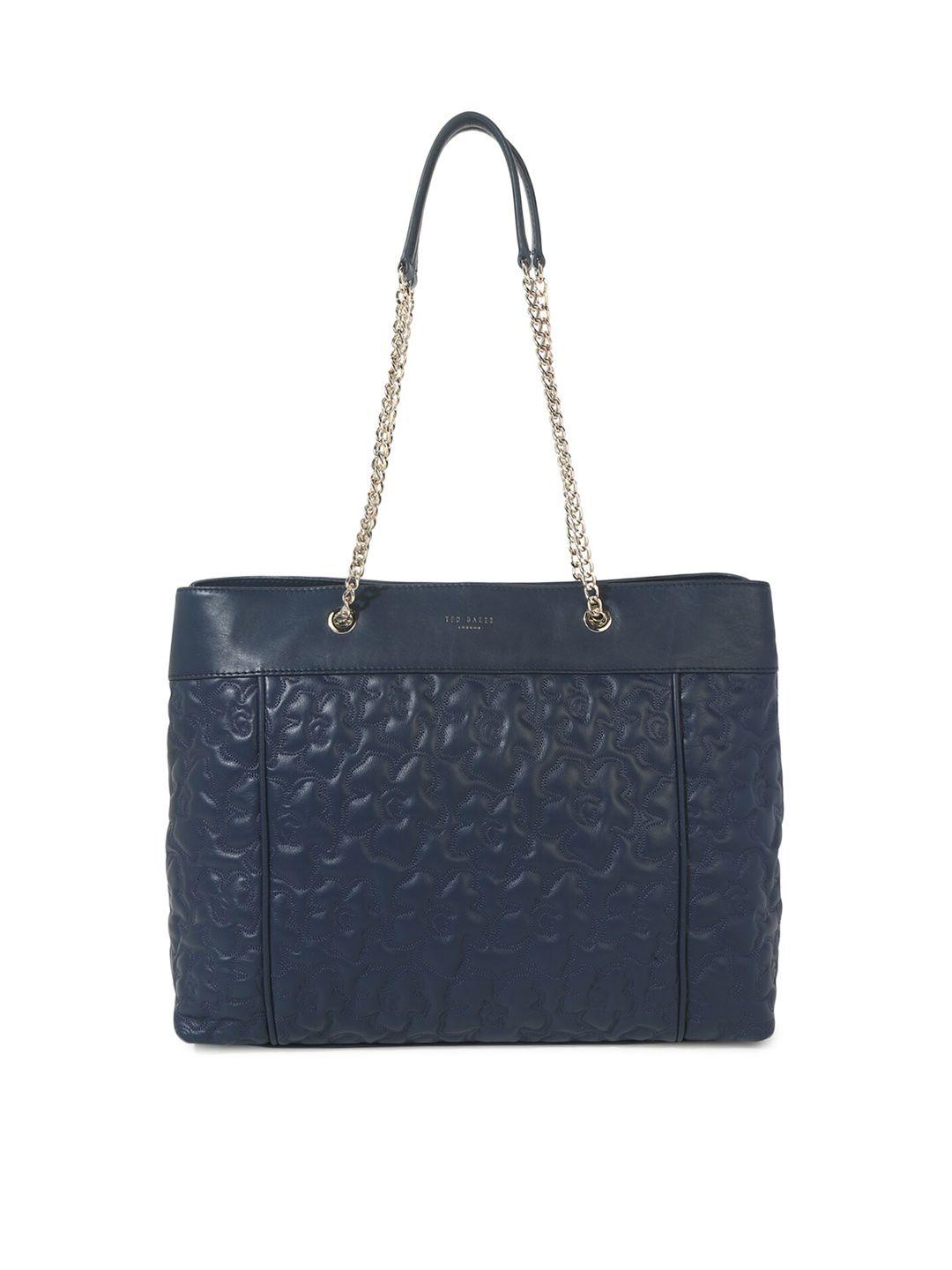 ted baker navy blue floral textured leather structured shoulder bag with quilted