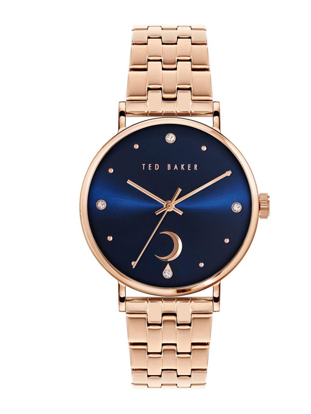 ted baker women blue embellished dial & rose gold toned stainless steel bracelet style straps analogue watch bkpphf133