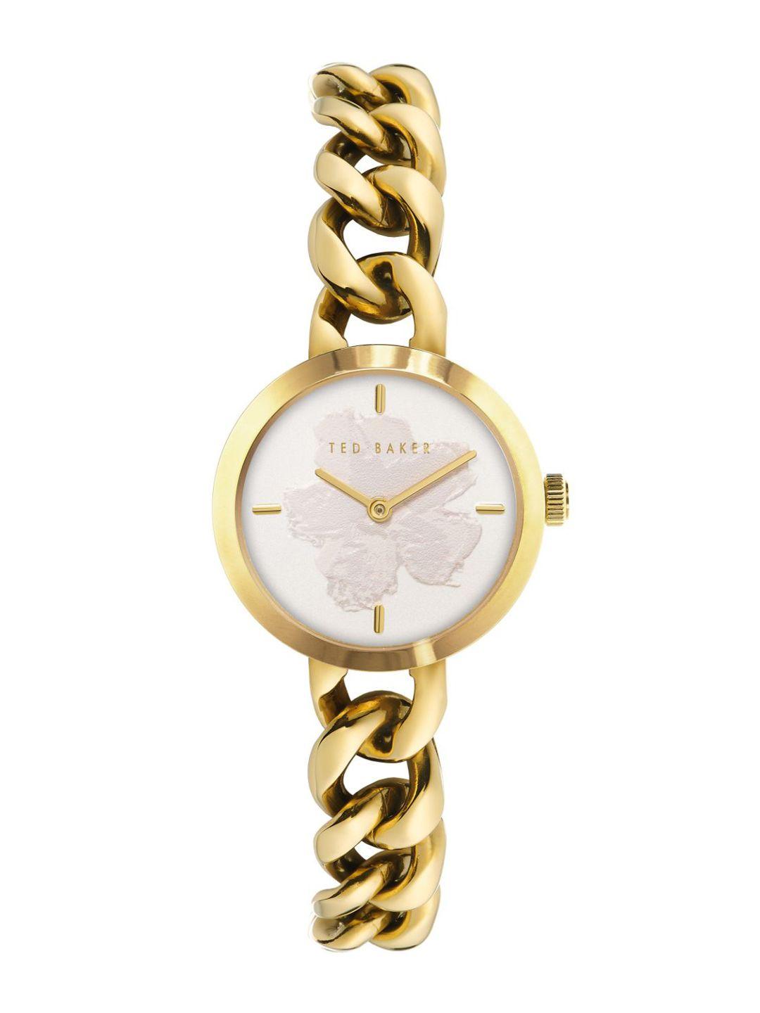 ted baker women white embellished dial & gold toned stainless steel bracelet style straps analogue watch