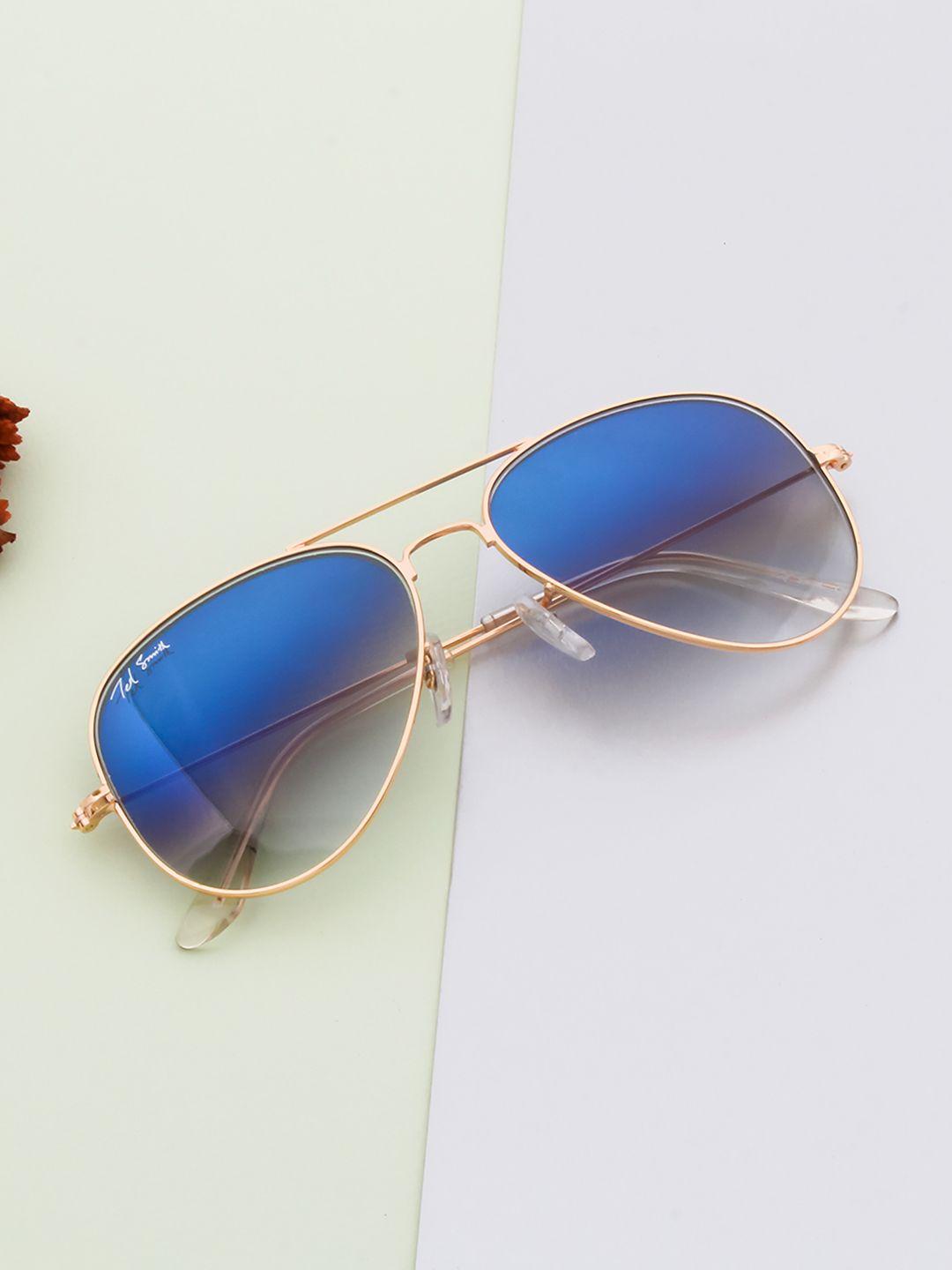 ted smith unisex blue lens & gold-toned aviator sunglasses with uv protected lens