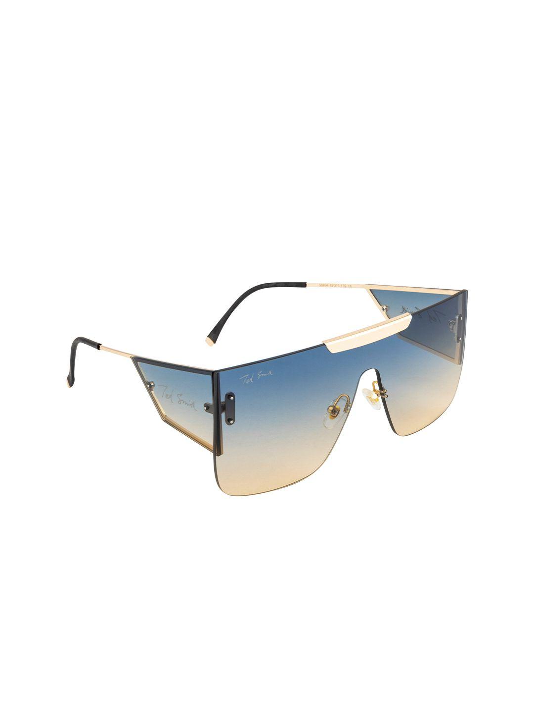ted smith unisex blue lens & gold-toned shield sunglasses with uv protected lens