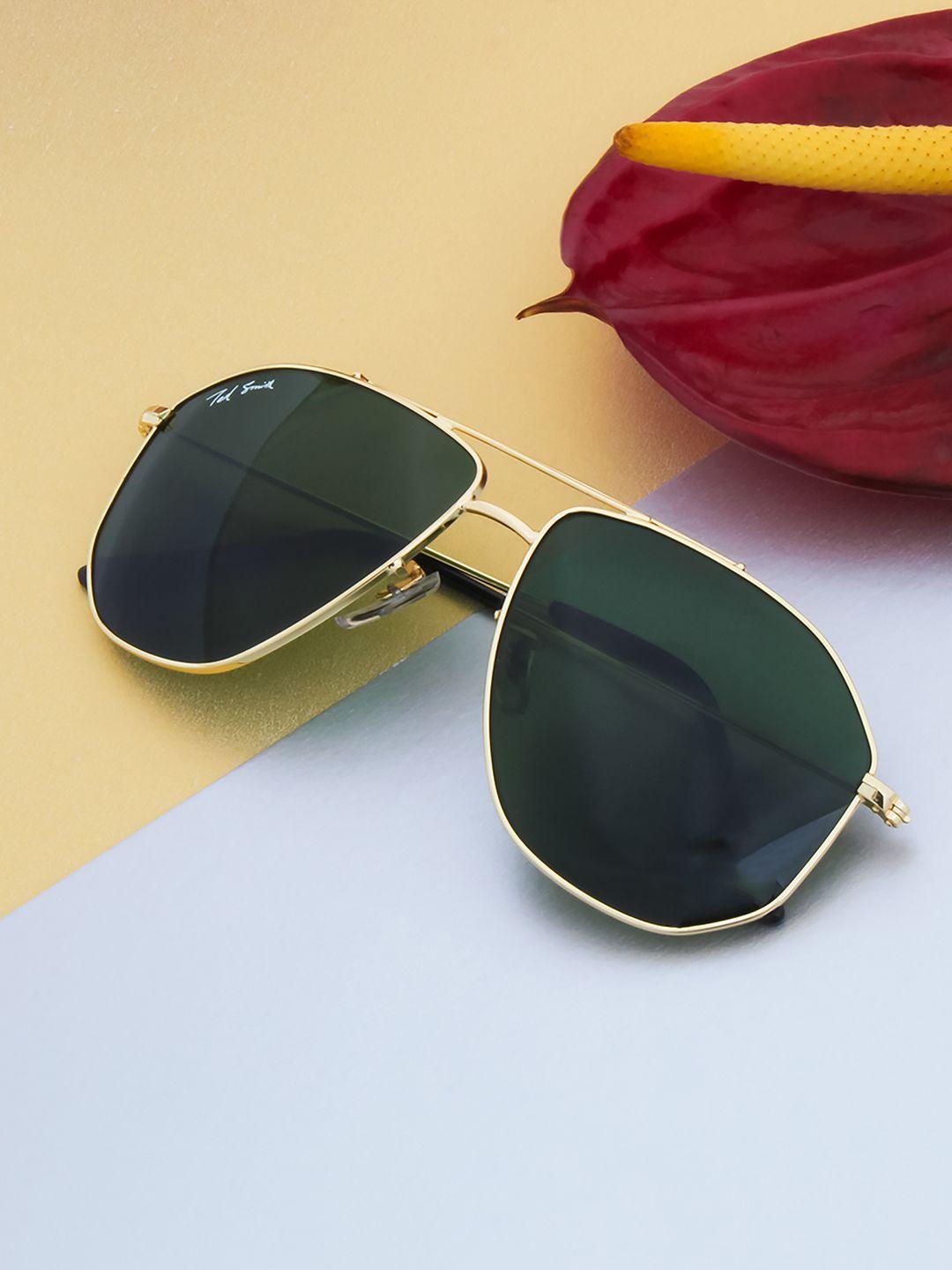 ted smith unisex green lens & gold-toned aviator sunglasses with uv protected lens