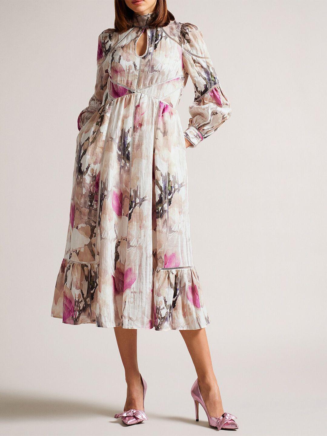 ted baker abstract printed high neck cuffed sleeves cut-out detail linen a-line dress