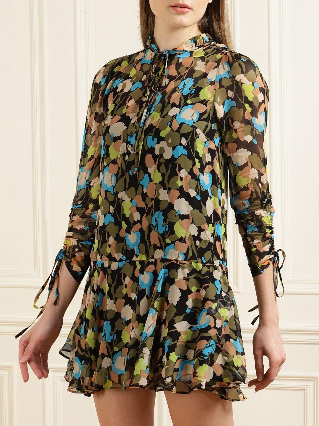 ted baker black & blue floral tie-up neck cotton a-line dress